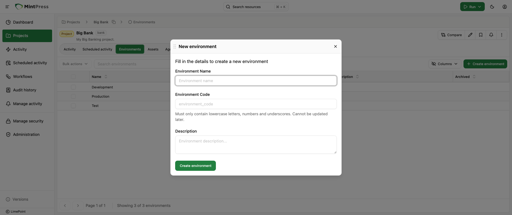 Create environment dialog