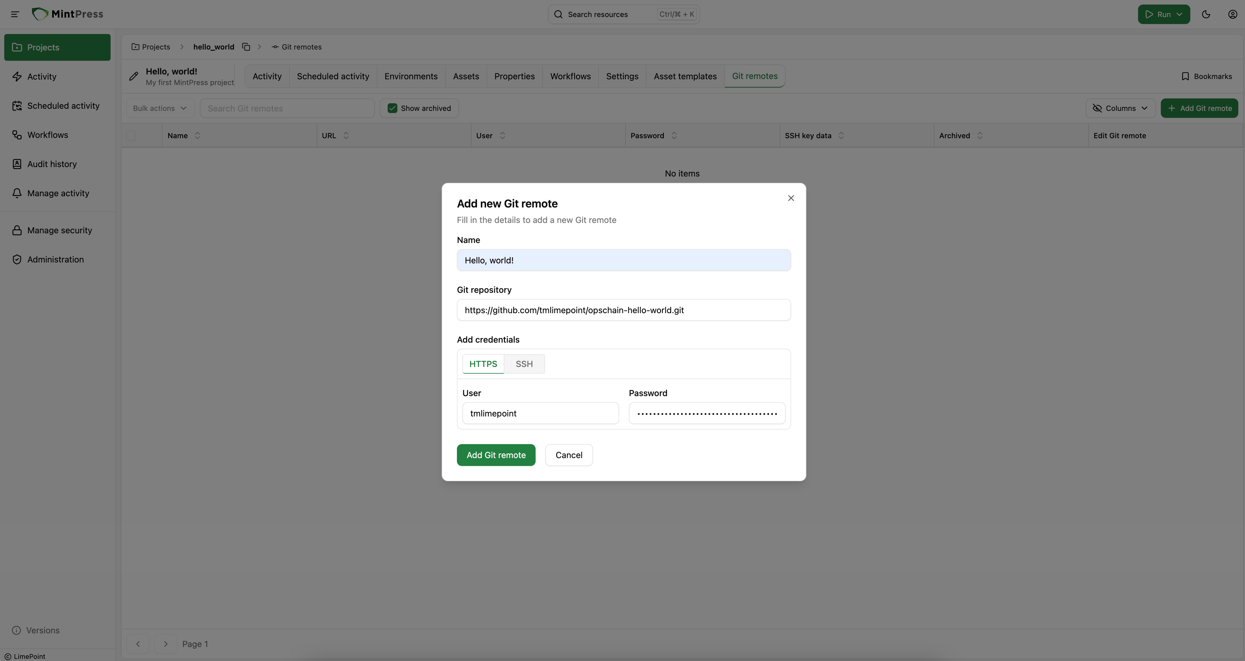 Create git remote dialog