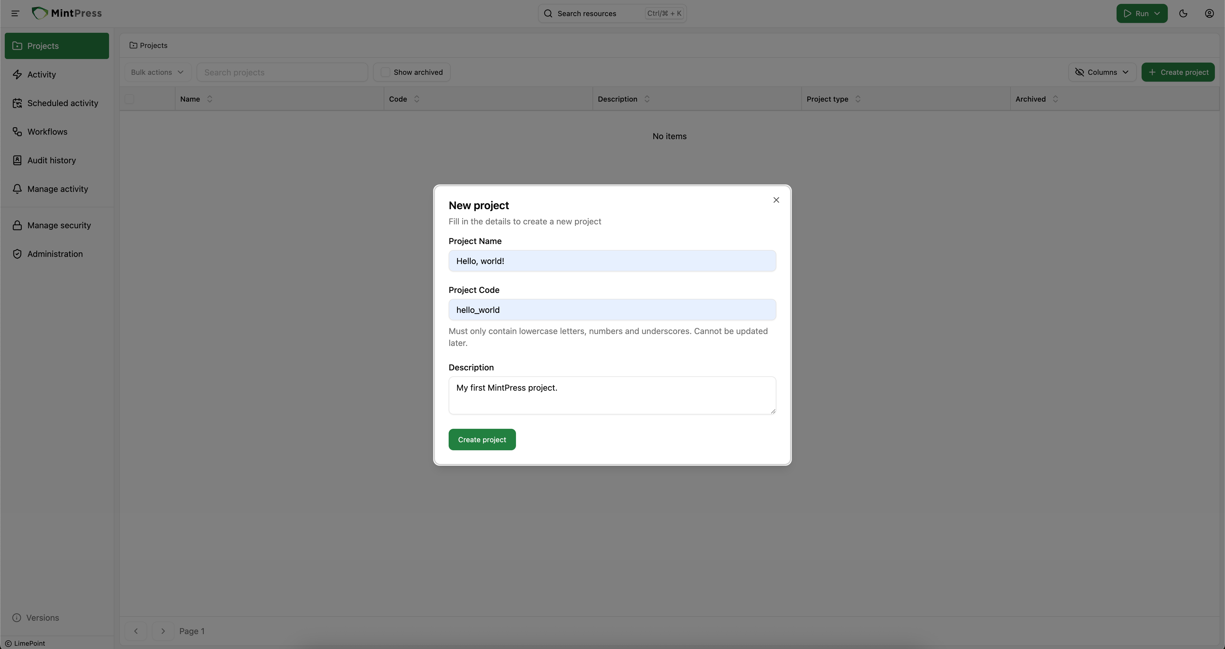 Create project dialog
