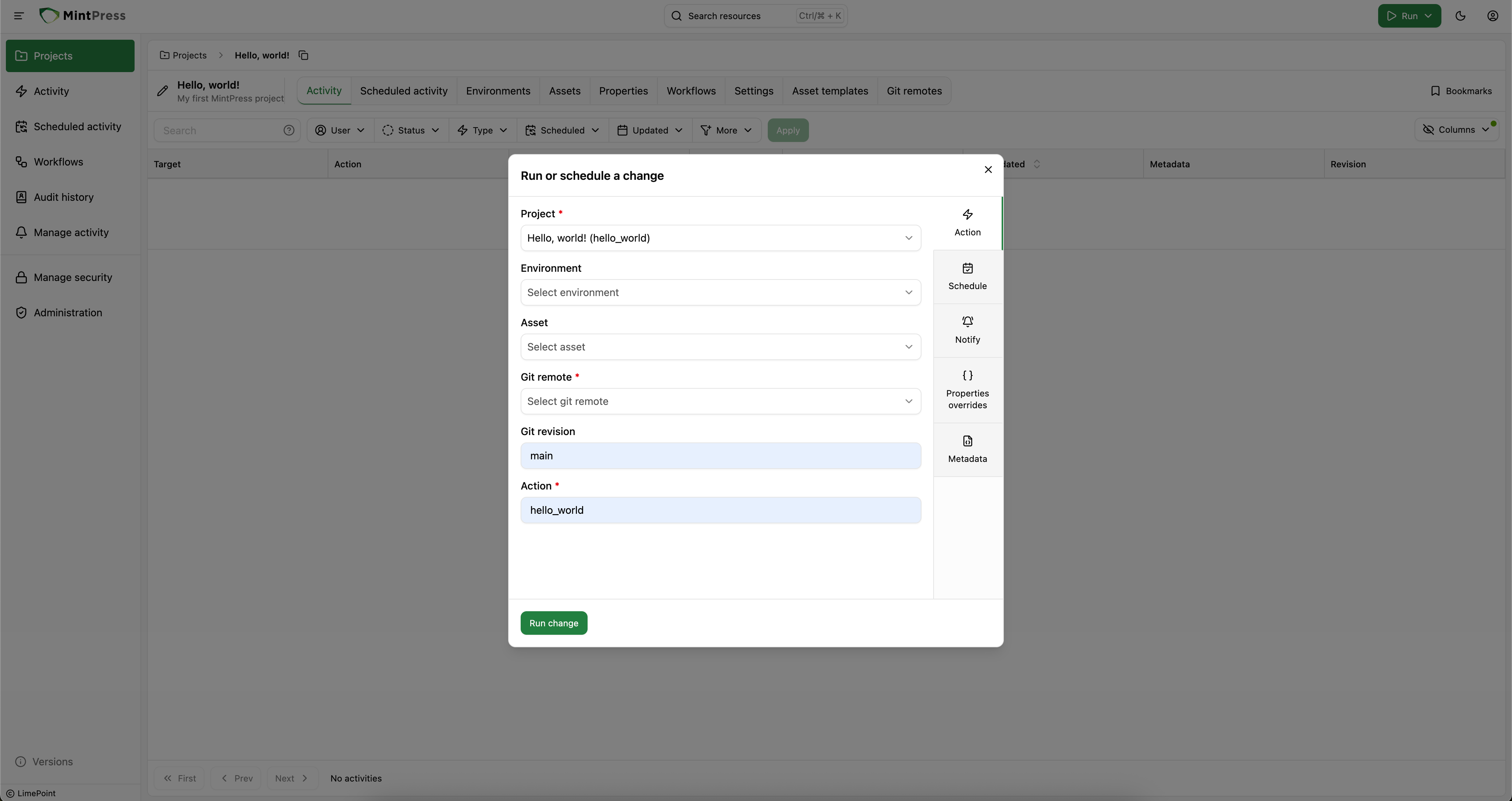 Run change dialog