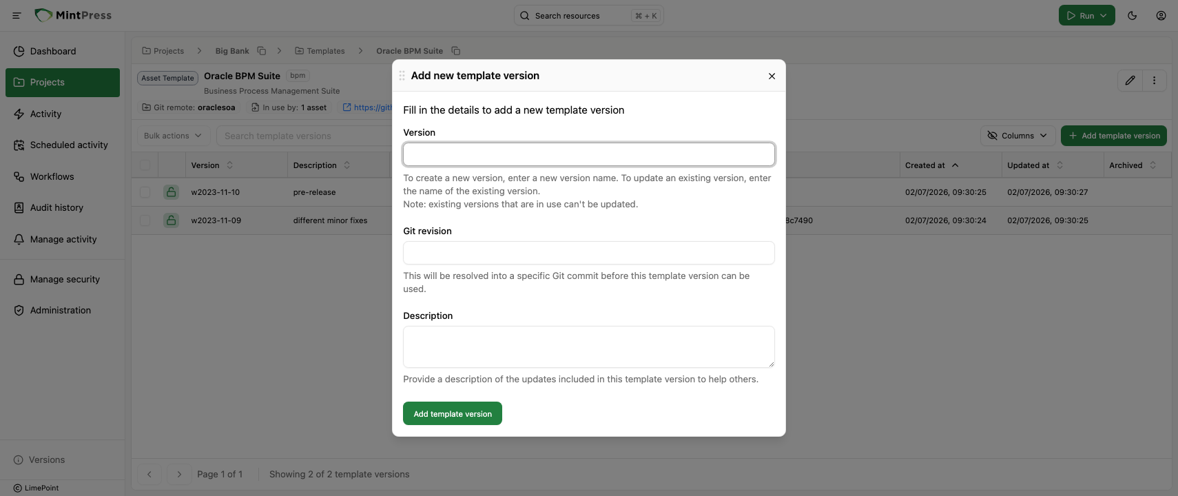 Create asset template version dialog