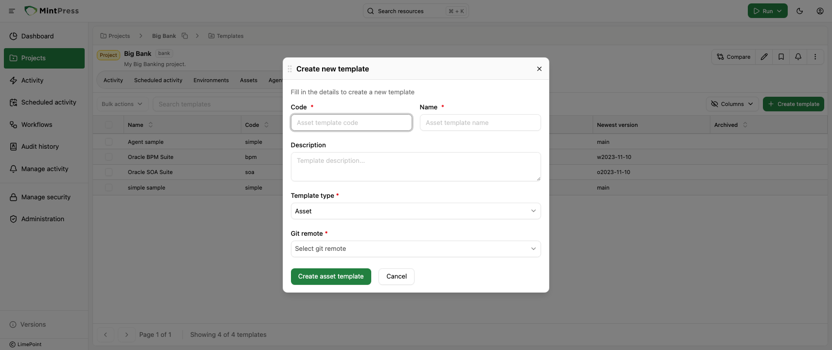 Create asset template dialog