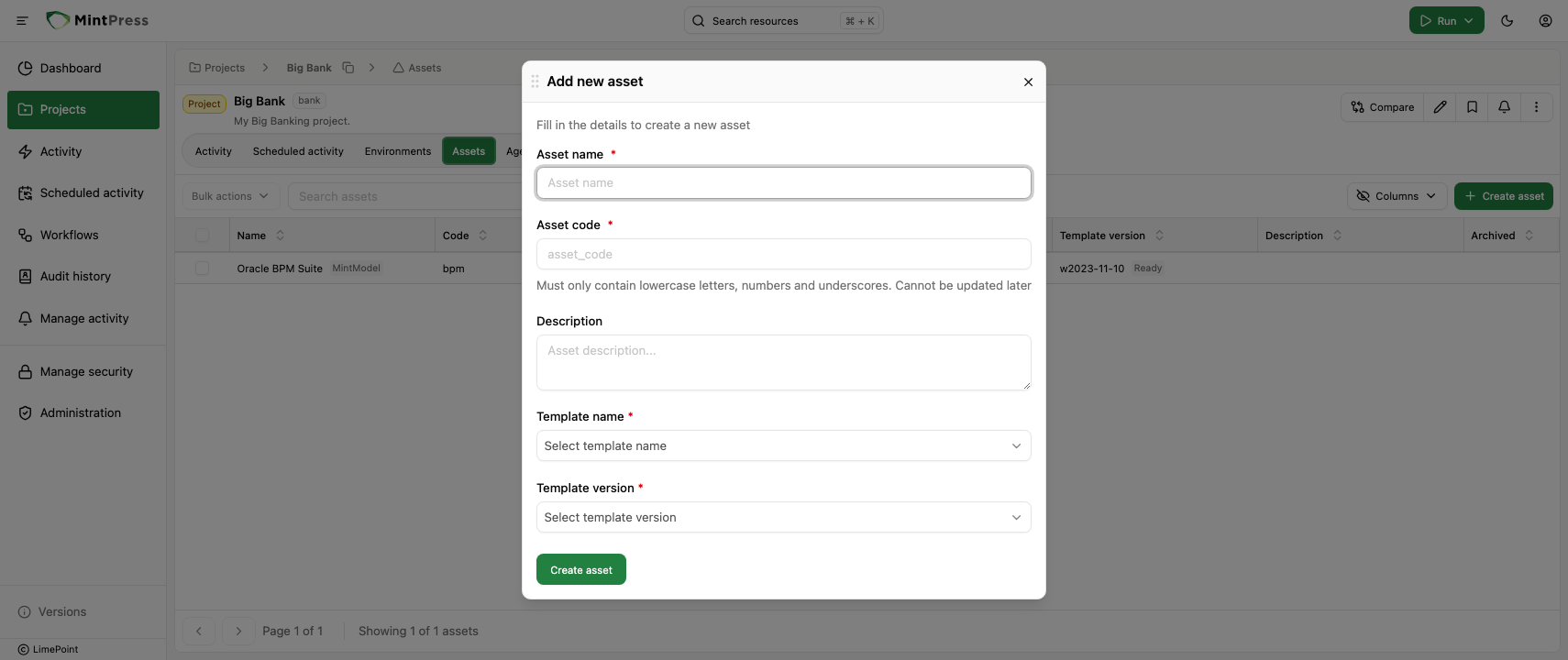 Create asset dialog