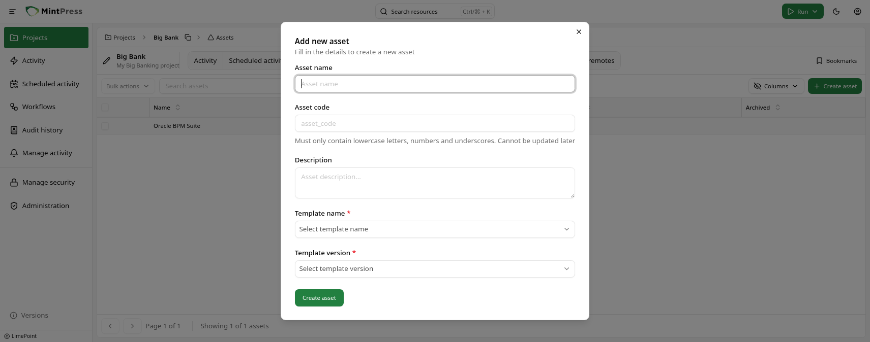 Create asset dialog