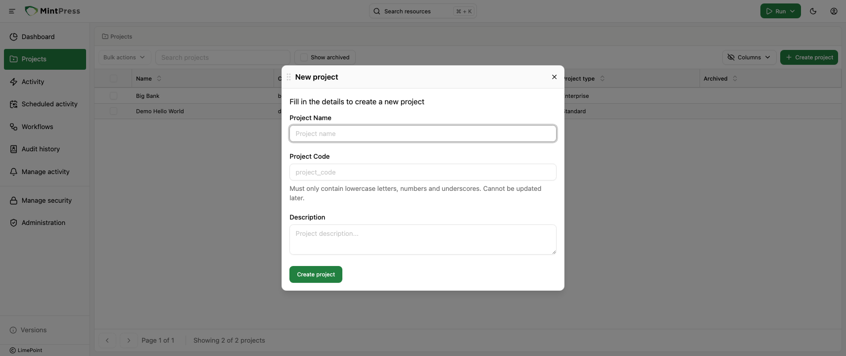 Create project dialog