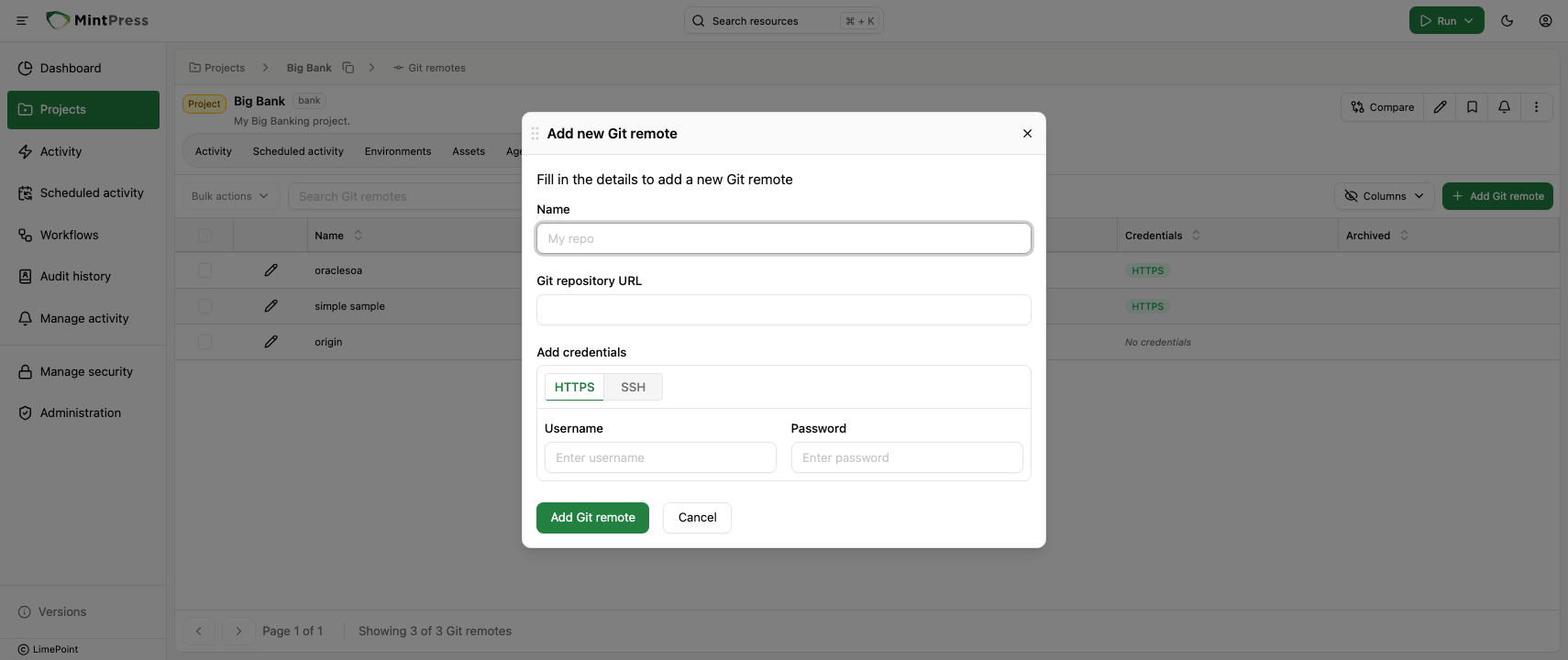 Create git remote dialog
