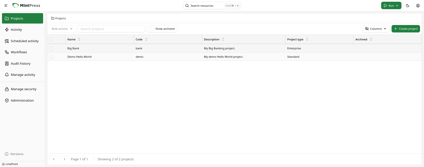 Projects page